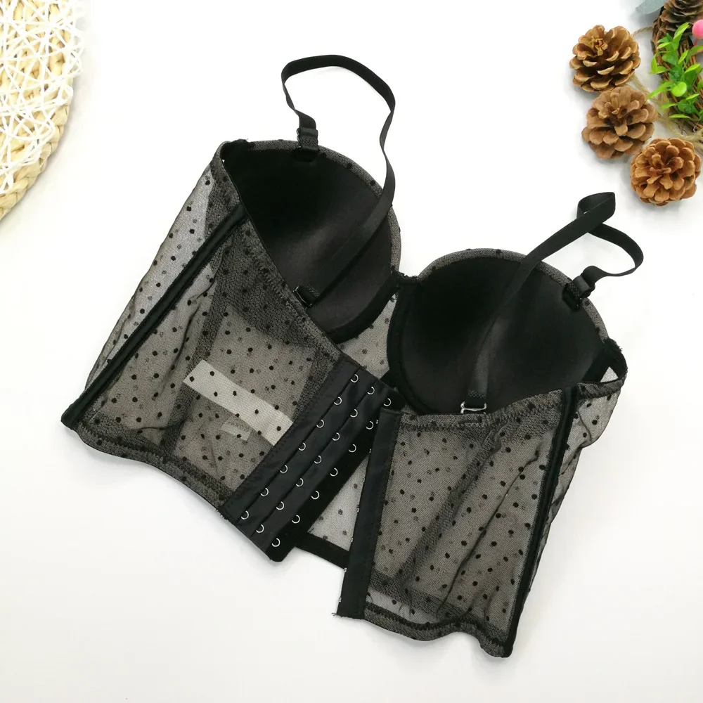 Кружевной бюстгальтер пуш-ап в горошек с вышивкой на косточках прозрачный