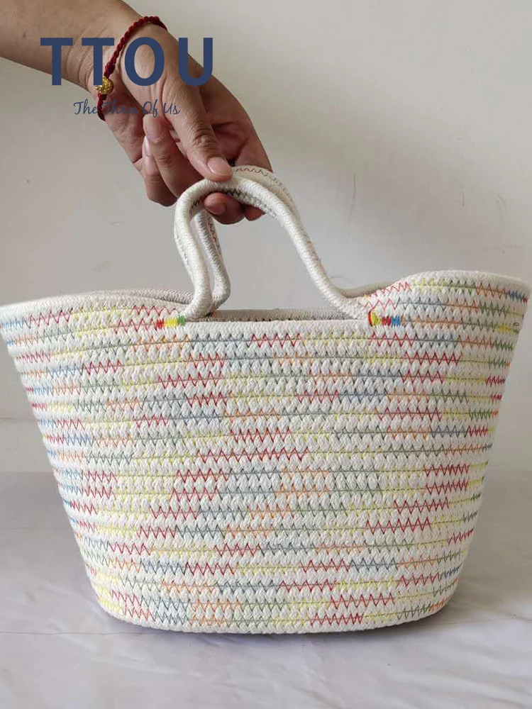 Fashion Woven Beach Straw Handbags 2022 Luxury Brand Designer Women Shopper Bucket Bags Colorful Stripe Summer Tote Shoulder Bag