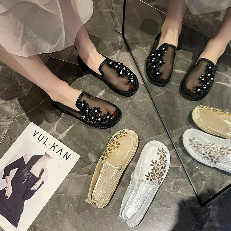 

Кроссовки женские из льна, мягкая повседневная обувь на плоской подошве, без застежки, со стразами, круглый носок, классические, стразы из льна