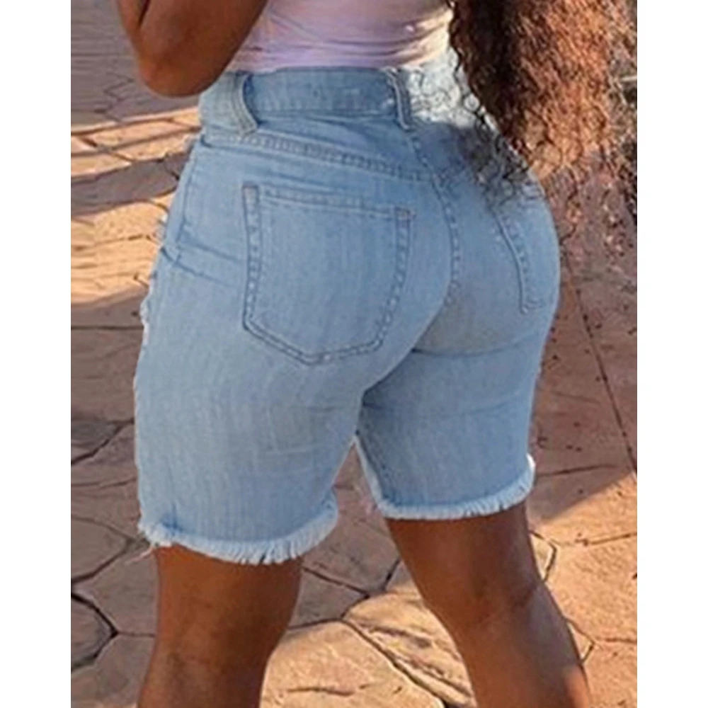 Women High Waist Hollow-out Paisley Print Washed Denim Shorts Female Summer Ripped Raw Hem Skinny Casual Shorts femme été