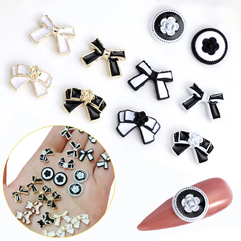 

10 шт. черно-белые французские маленькие Ароматические украшения для ногтей из сплава элегантные подвески для ногтей детали камелии