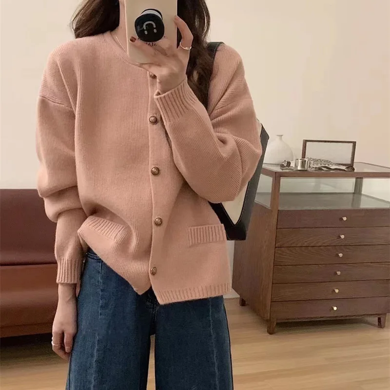 

Solid Color Pockets Jumpers Jacket Korea Style O Neck Sweet Long Sleeve Knitted Cardign Autumn Winter Thick Casual Sweaters New