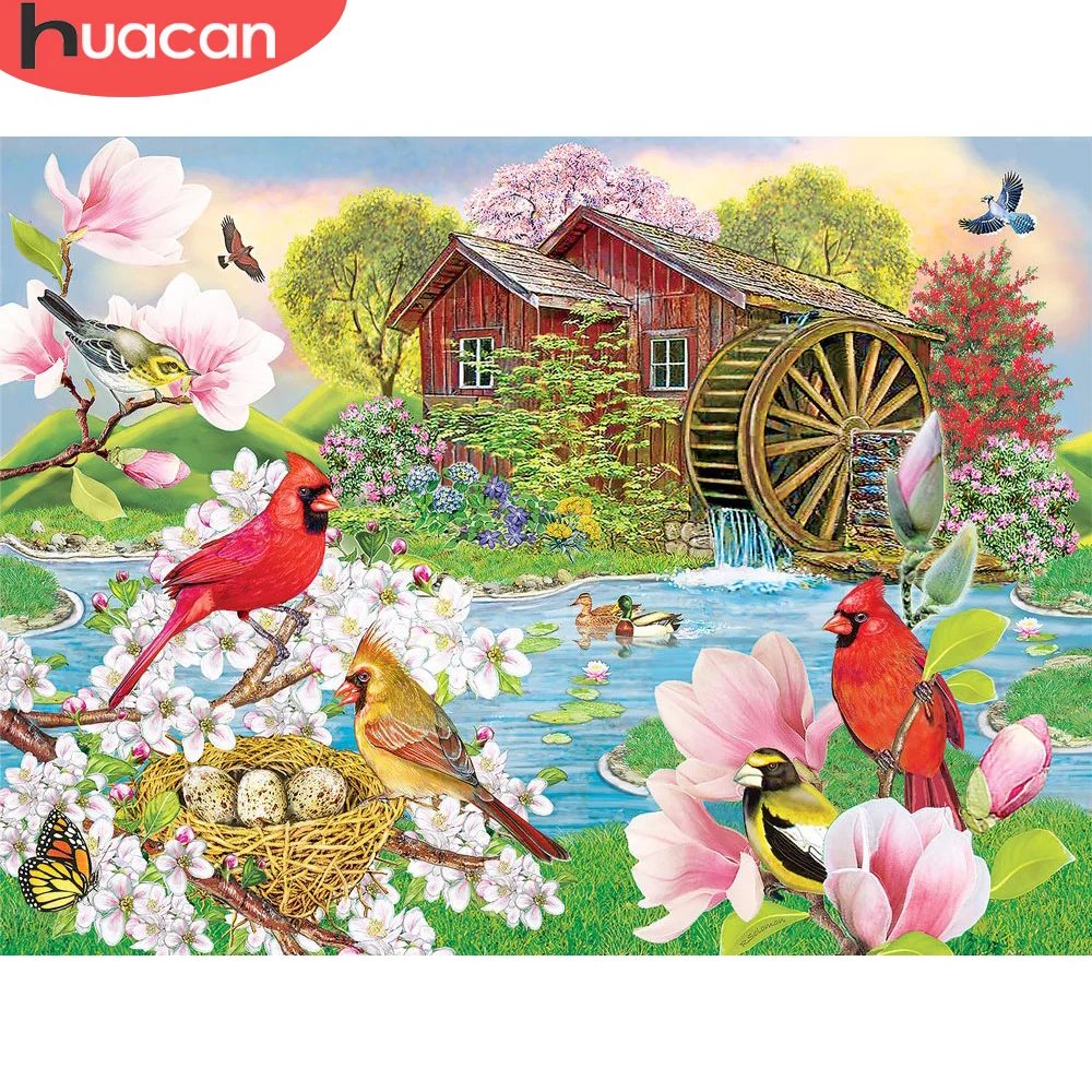 

Алмазная 5D Вышивка HUACAN «сделай сам», пейзаж, дом, алмазная живопись, птица, полная мозаика, цветок, декоративные картины