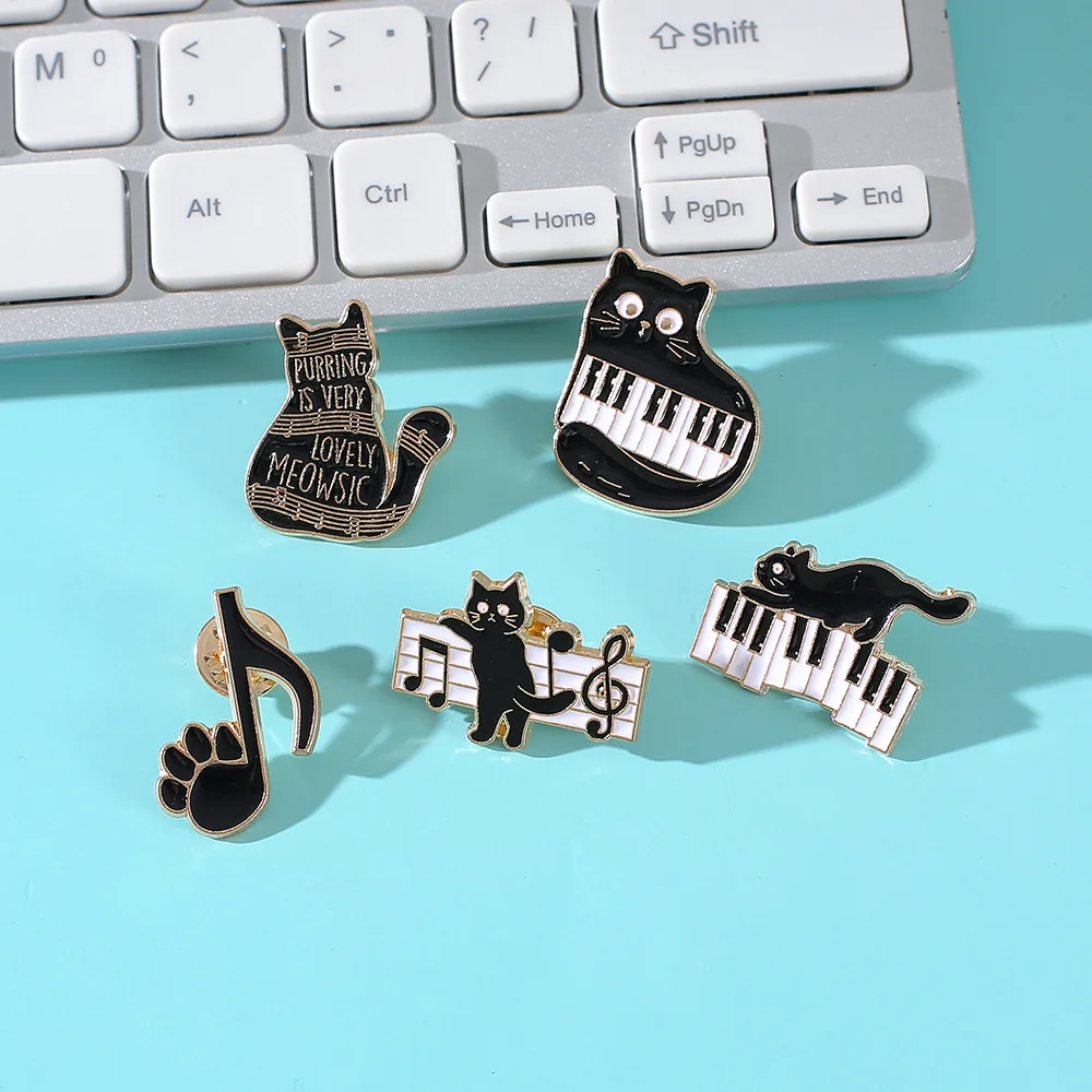 

Black and White Keys on The Piano Enamel Pins Cat and Musical Note Brooches Lapel Badges Concert Jewelry Gift for Art Friends