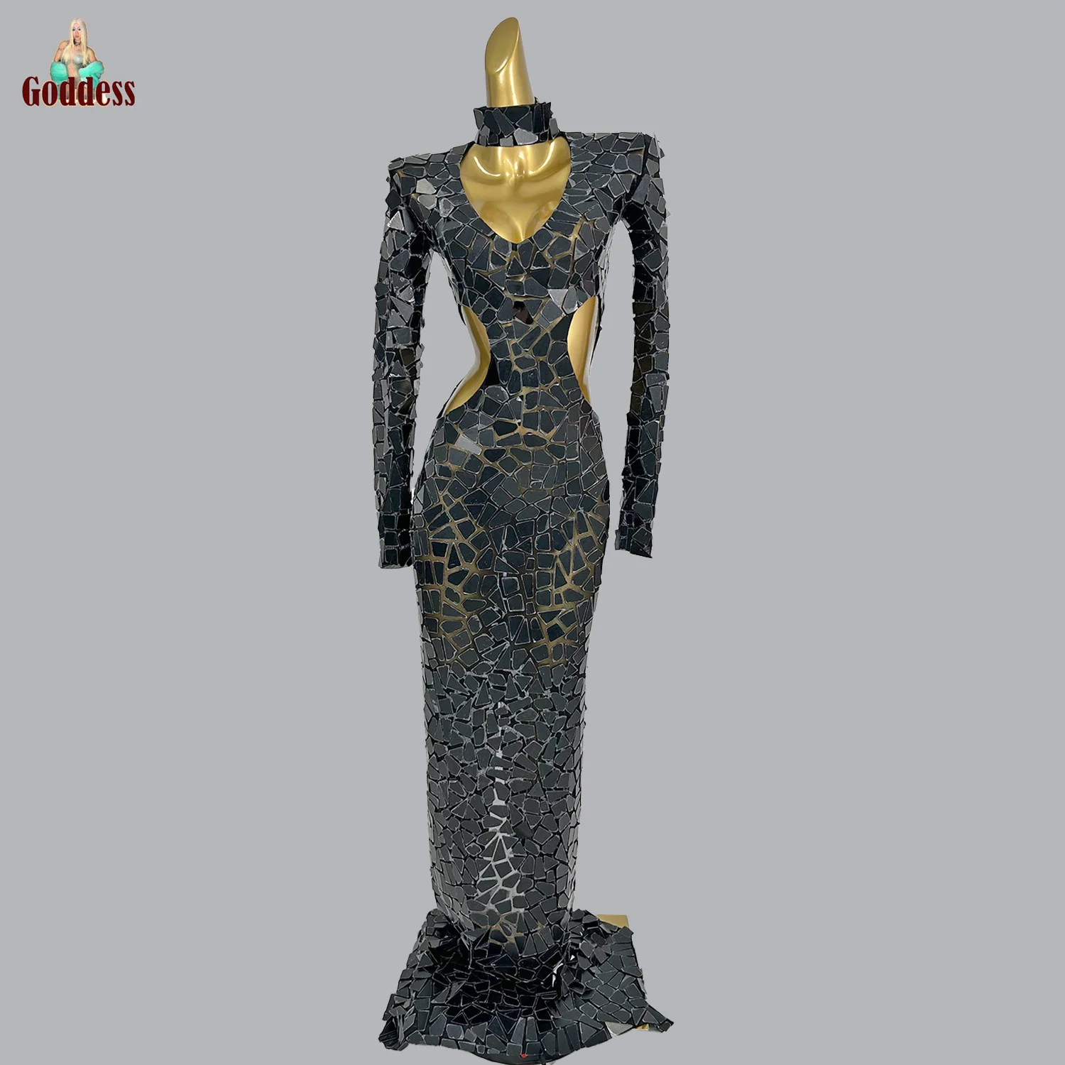 Шикарное женское черное длинное платье с блестками высококачественное для дня