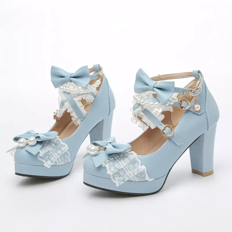 

2022New Cross Strap Women High Heels Mary Jane Pumps Party Wedding Cosplay White Pink Black Strawberry Bow Princess Cosplay Loli