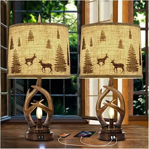 

Farmhouse Antlers Bedside Set of 2 with Nightlight Dual USB Ports Leather Soft Shade Brown Finish nightstand Lamp Decor for Li