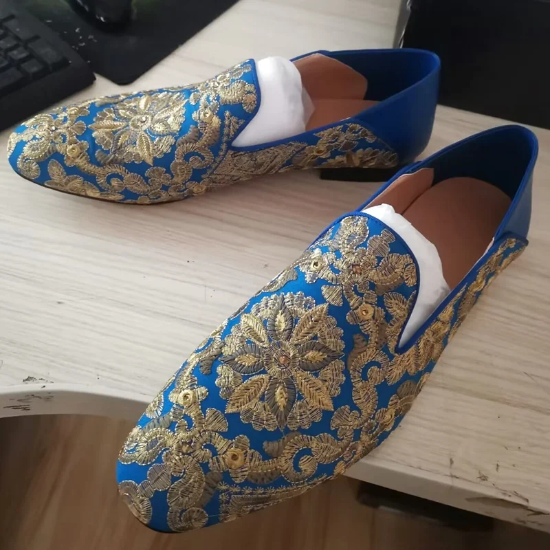 Классические модные лоферы с вышивкой мужские синие модельные туфли дышащие без