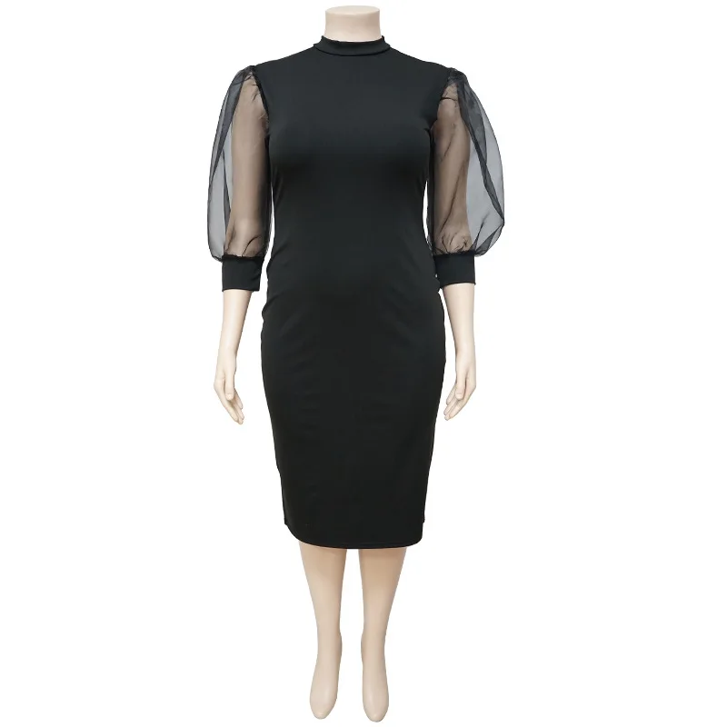 Plus Size Elegant Mesh Dress Women Solid Puff Sleeve Club Cloth Lady Casual Luxury Robe 2023 Summer Trendy Party New In Dress
