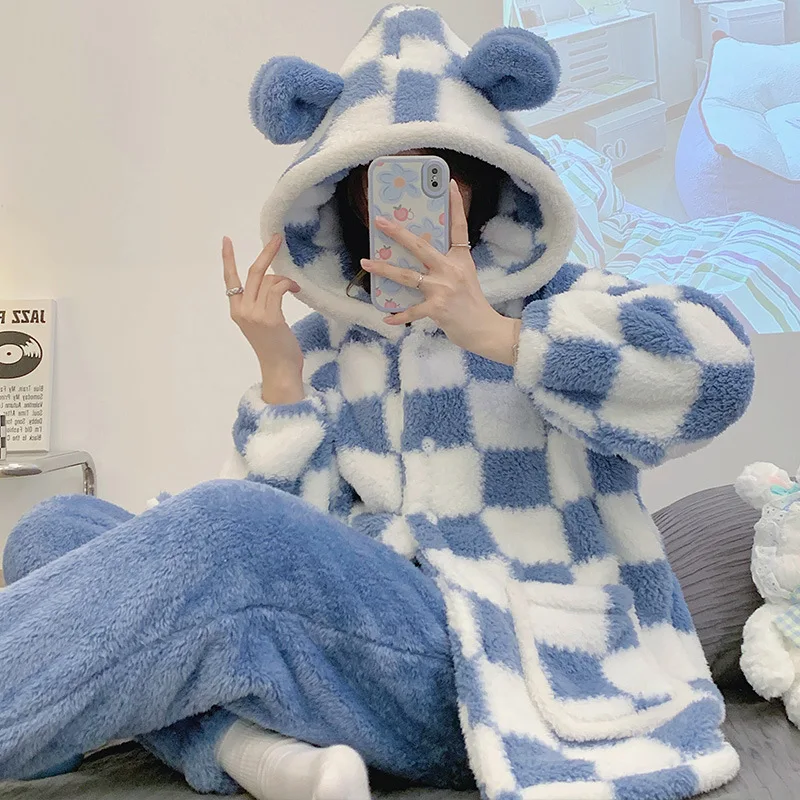 Yasuk Winter Women Girl Casual Warm Soft Hooded Sleepwear Pajamas With Pant Velvet Fleecel Cute Thick Pocket Plaid Simple