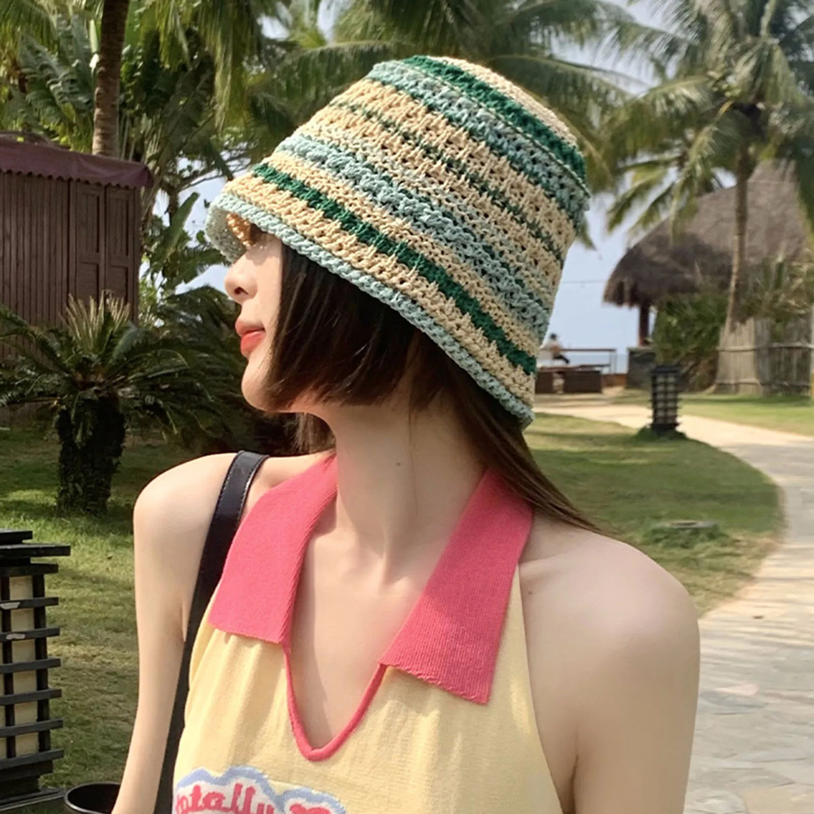 

Women's Crochet Straw Hat Breathable Colorful Anti-UV Sunshade Bucket Hat for Summer Spring Fall Beach H9