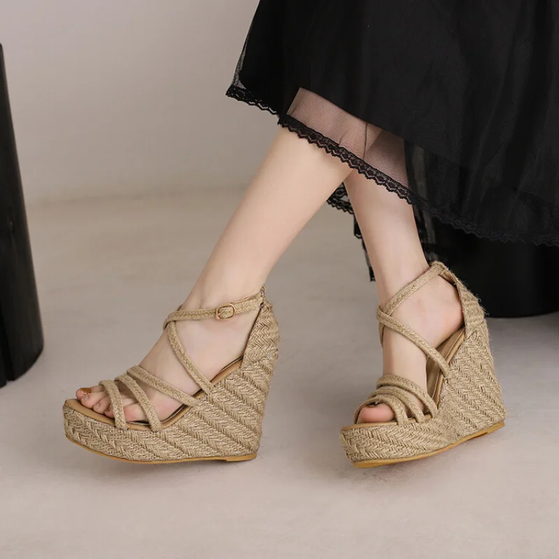 2023 Summer straw high heels fashion cross strap one line platform open toe sandals for women 699-34
