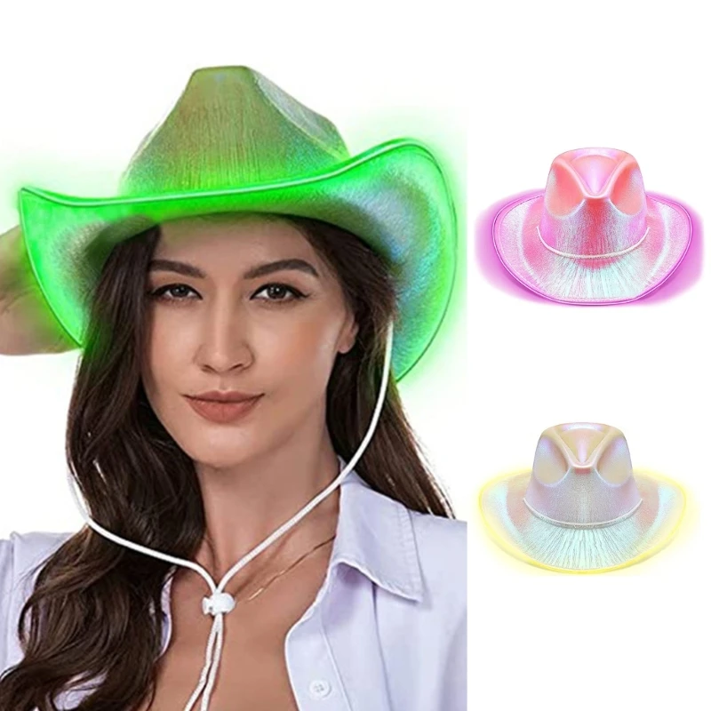 

Illuminated Multi-color Cowboy Hat with LED Wide Brim Bridal Western Fedoras Hat for Outdoor Photoshoots Supplies