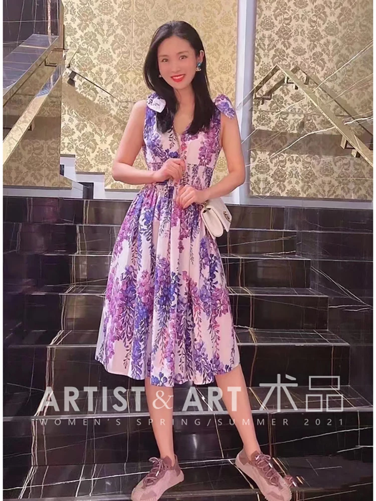 

Provide label High Quality Summer Women Fashion Runway Designer Sleeveless Sexy V-Neck Elastic Waist Floral Print Cotton Dresses