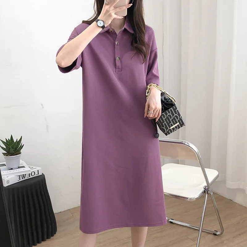 Модное однотонное свободное платье миди в Корейском стиле на пуговицах с