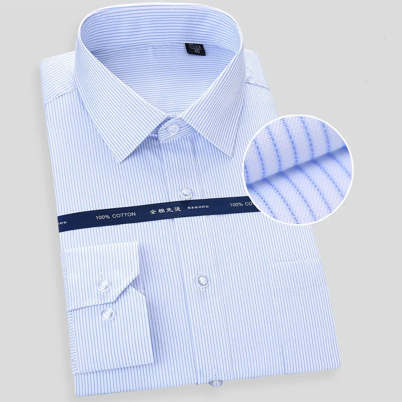 

High Grade Iron Free Men Dress Long Sleeve Shirt New Solid Male Plus Size Regular Fit Stripe Business Shirt White Blue