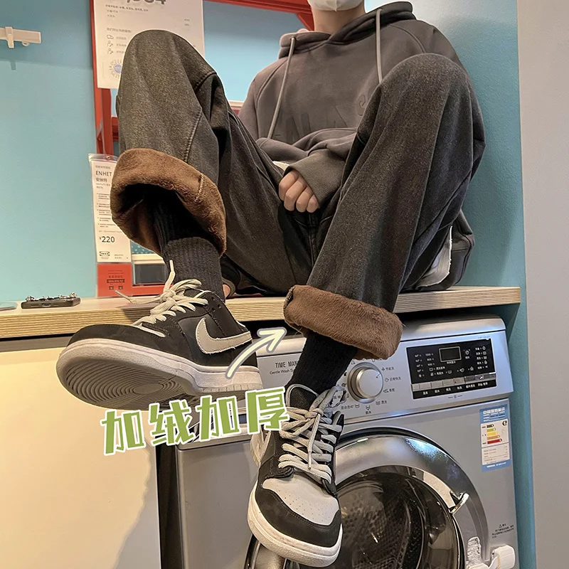 Winter Plush Thickened Jeans Men Warm Fashion Casual Straight Jeans Men Streetwear Korean Loose Thick Denim Pants Mens Trousers