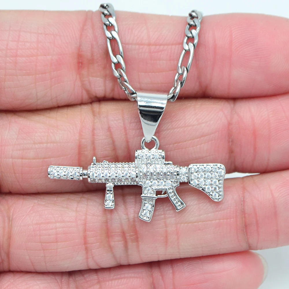 

Meftuna White Gold Color Clear Mystic CZ Sparkling Hip Hop M416 Gun Fashion Charm Pendant 24" Figaro Chain