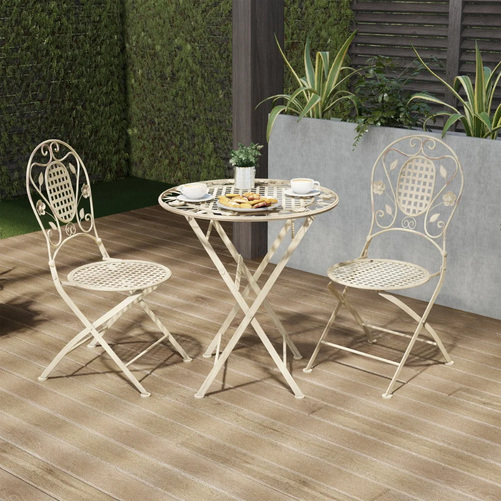 

Lavish Home (Antique White) Folding Bistro Set – 3PC Table and Chairs with Lattice & Leaf Design