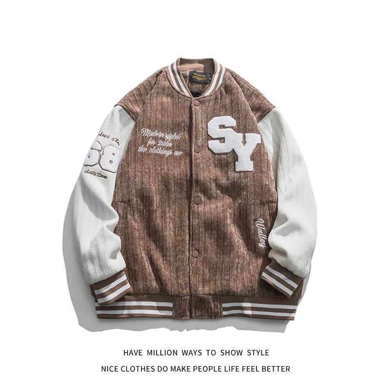 

New Vintage Spring Autumn Corduroy Letterman Furry Embroid Women Baseball Bomber Jacket Unisex Men Varsity College Stadium Award
