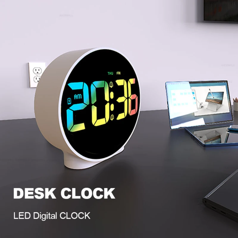 

2023 Aierwill N16 Round Alarm Clock with Snooze Calendar 12/24H Week Digital LED Tables Clock for Bedrooms Bedside Desk Shelf