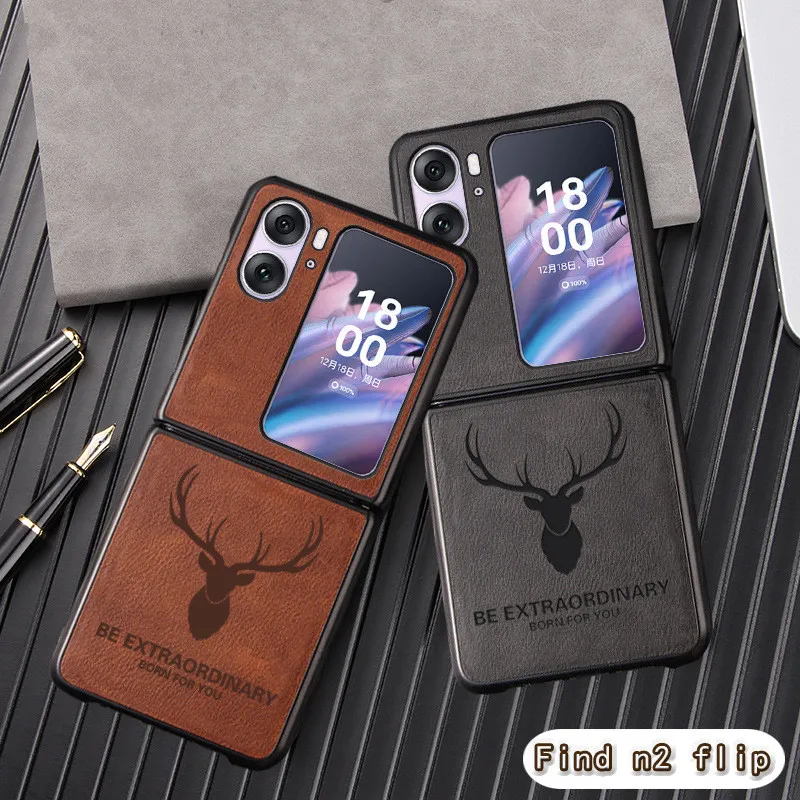 

Luxury 2in1 Retro Genuine Leather Fold Phone Case for OPPO Find N2 Flip Classic Vintage Deer Elk Head Texture Armor Back Cover