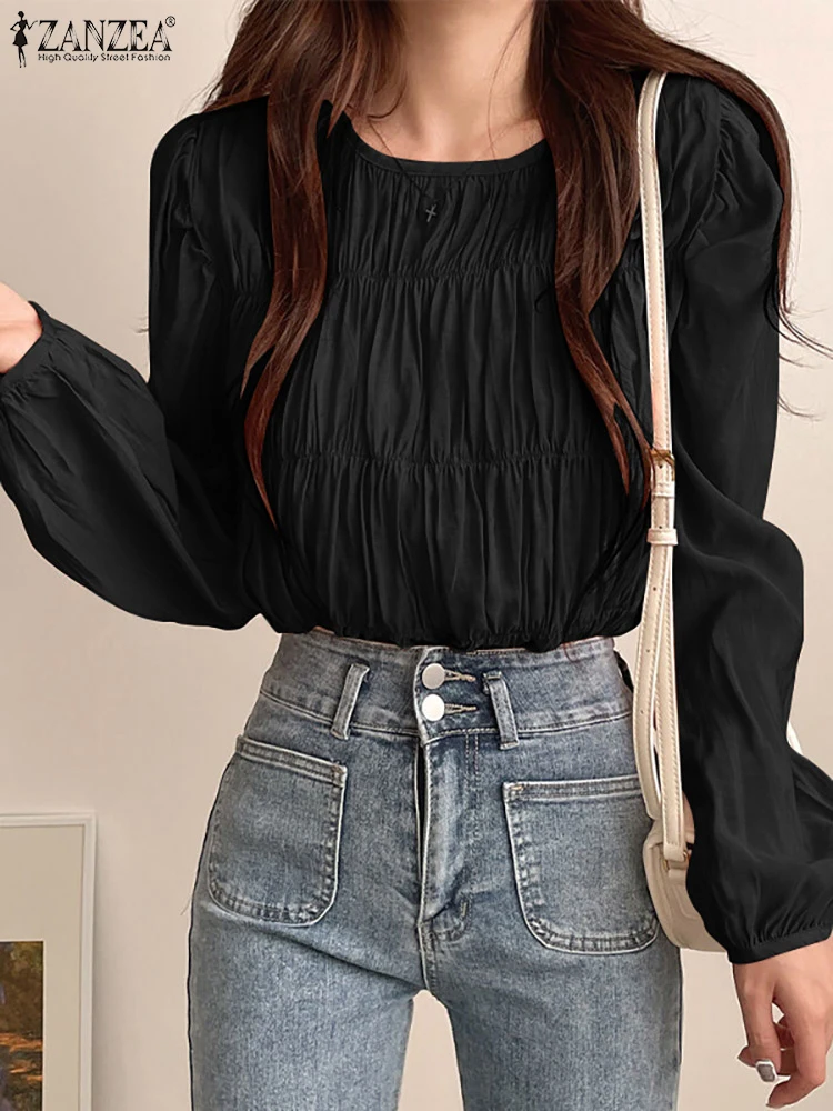 

Casual Long Sleeve Blouses ZANZEA Vintage Pleated Summer Shirts Fashion Round Neck Cropped Tops 2023 Korean Stylish Y2k Tunics