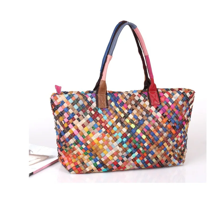 Genuine Leather Bag For Women Fashion Large Capacity Tote Bag Multi Color Bag Woven Bag Contrast Handbag Handmade Bag