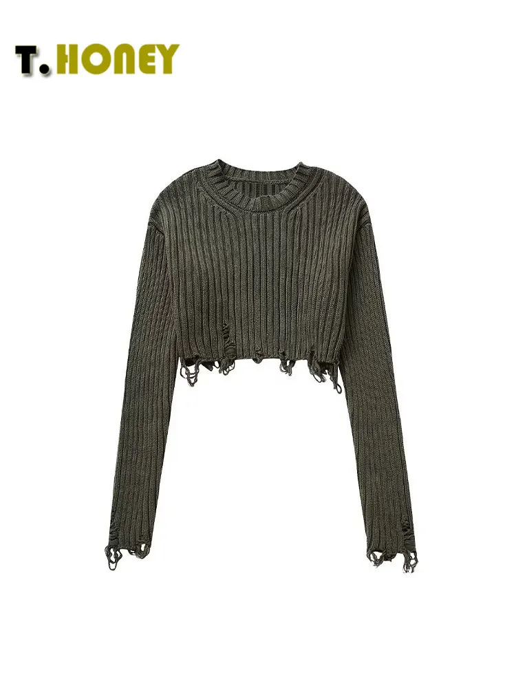 

TELLHONEY Women Fashion O-Neck Knitted Crop Pullover Female Casual Long Sleeves Hem Frayed Trim Chic Sweater Tops