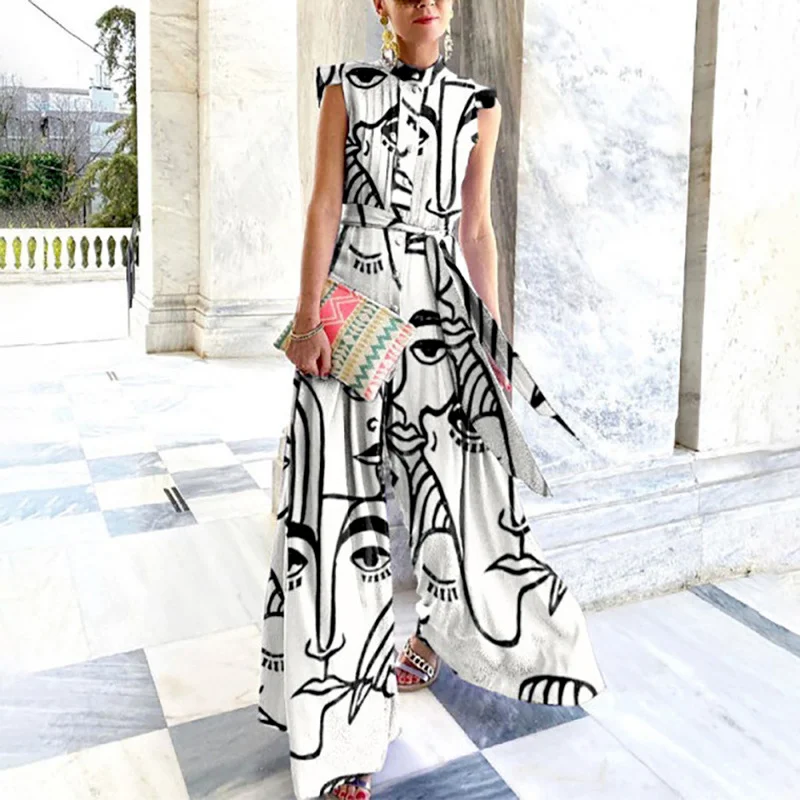 Fashion Stand Collar Chiffon Button Printed Lace-up Wide-leg Pants Jumpsuit Elegant Slim Sleeveless Summer Loose Party Jumpsuits