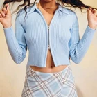 Облегающий вязаный Топ Y2K, Женский Укороченный кардиган в рубчик на молнии с длинным рукавом и воротником, эстетичный костюм для e-Girl