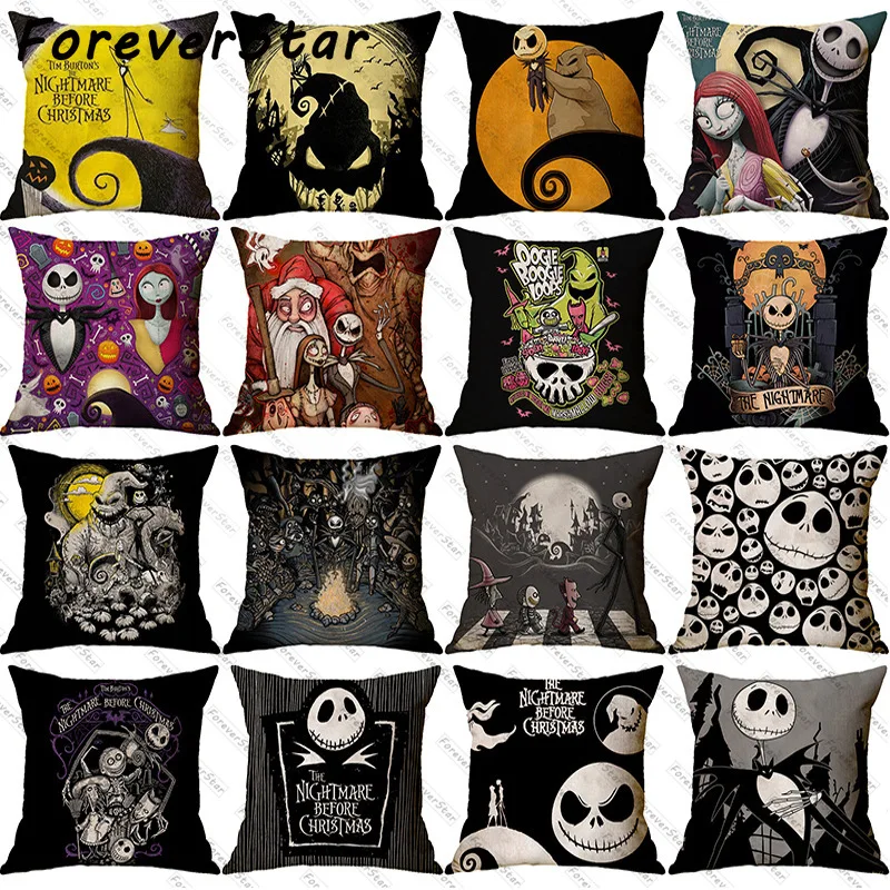 

Halloween Decorative Cushion Cover 18x18 Inches Linen Pillowcase Cartoon Skull Jack Printed Pillow Cover Home Decor Pillow Case