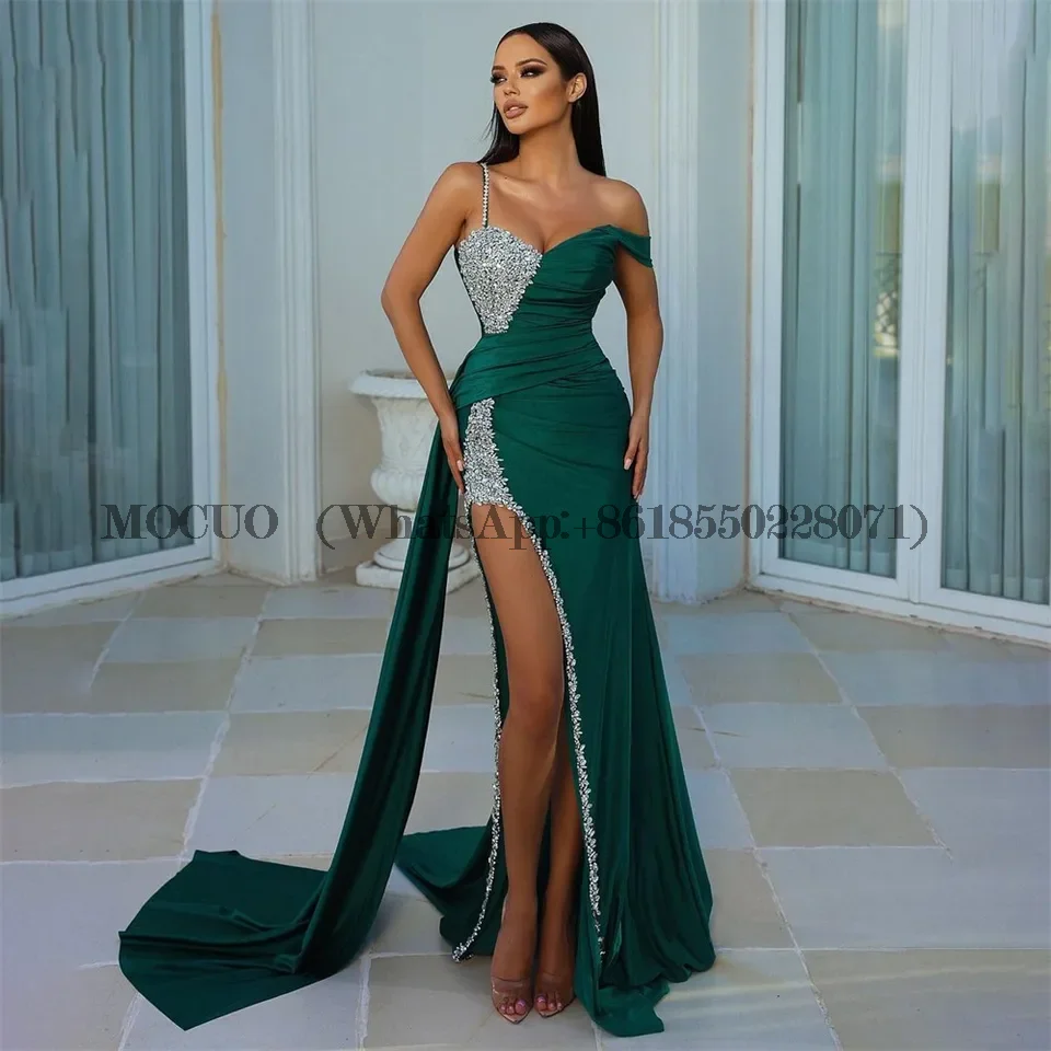 

LORIE Dark Green Glitter Luxury Evening Dresses Dubai Satin Mermaid Side Split One Shoulder Prom Dress Arabia 2022 Party Gowns