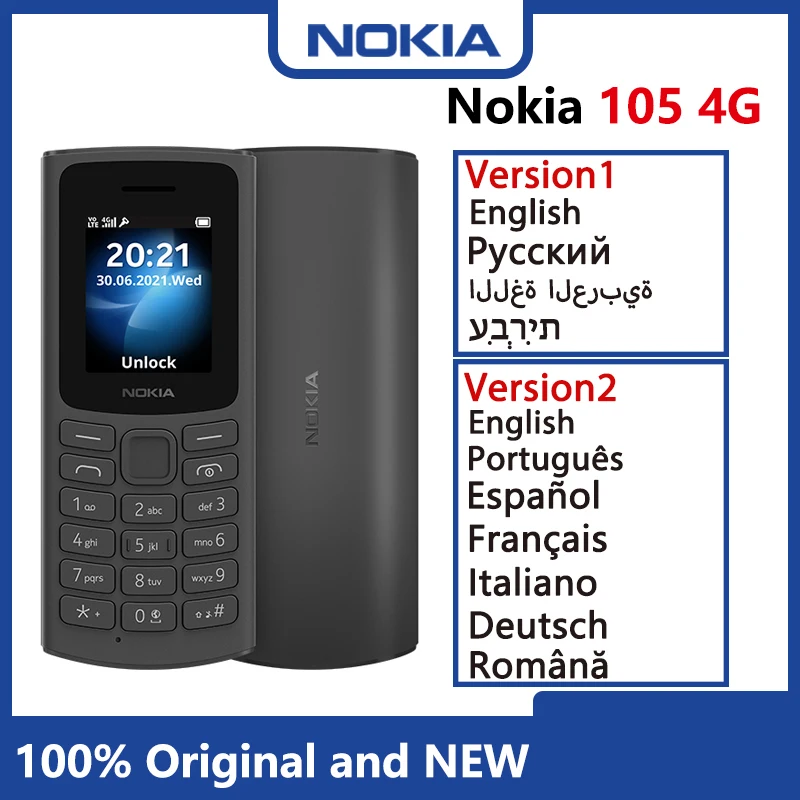 Original New Nokia 105 4G Dual SIM 1.8inch Display 1020 mAh Battery Ultra-long Standby With Flashlight Games FM Radio 2 Sim Card