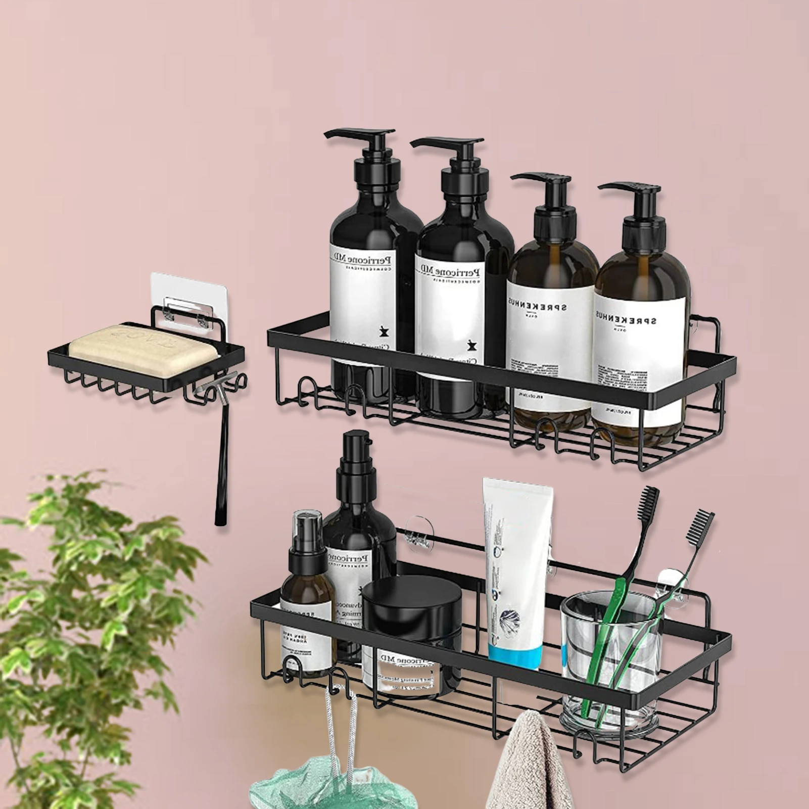 

3Pcs/Set Wall Hanging Bathroom Shelf Soap Holder With Hooks Multifunctional Wall Storage Rack Kitchen Bathroom Organizer Storage