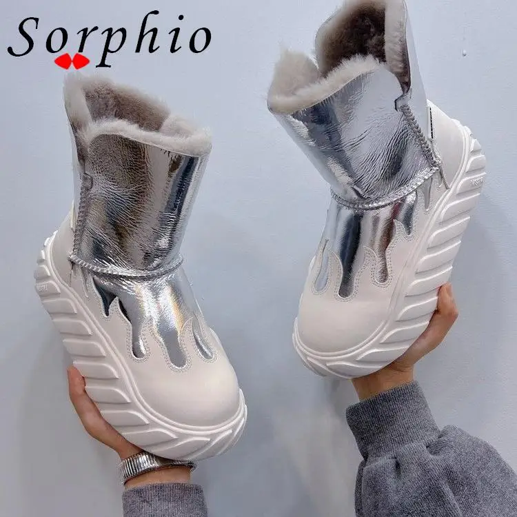 

Women Winter Snow Boots Fur Warm Slip On Boots Chunky Platform Wedges Shoes Girls Flat With Plush Toe 2022 Brand New Silver