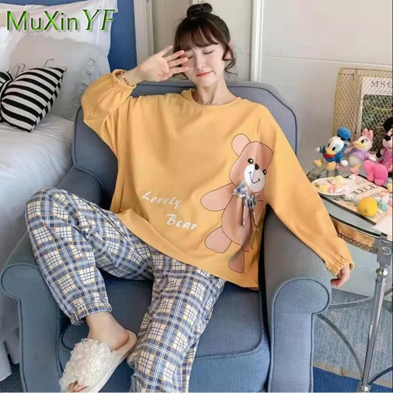2022 Spring Fall New Cartoon Pajamas Women's Cute Pijamas trousers Two piece Korean Casual Sleepwear Loose Home Clothes Suit
