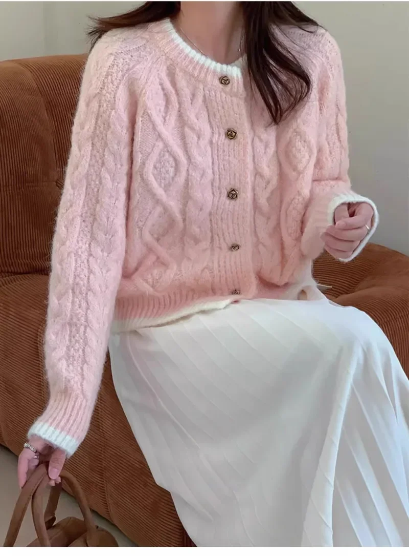 Утепленная зимняя одежда вязаный кардиган милая розовая короткая куртка