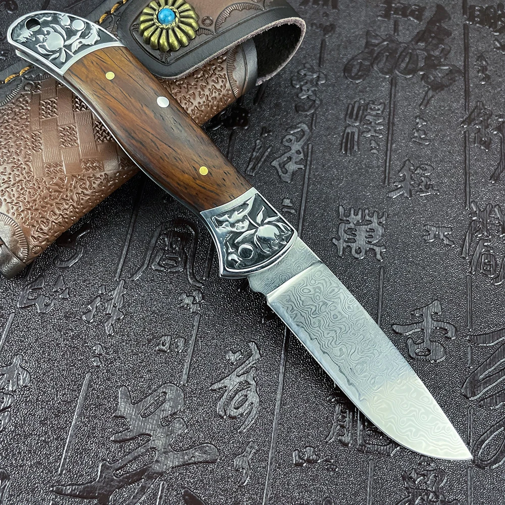 

8.5CM High Hardness Damascus Steel Folding Wood Handle EDC Flipper Knife for Hunting, Camping Men Collection Knife Tactical Tool