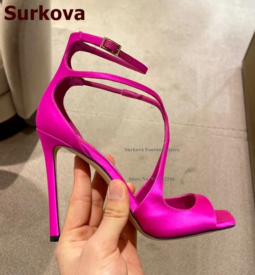 Surkova Pink Satin Cross Strap High Heel Sandals Square Open Toe Buckle Strap Evening Shoes Women Dress Pumps