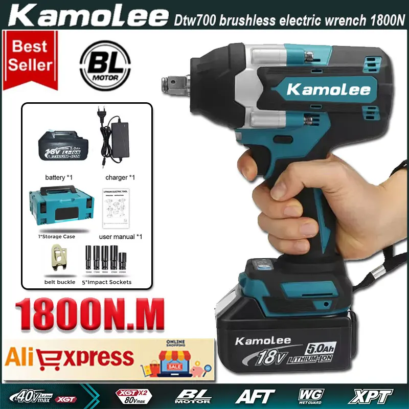 

Kamolee Impact Wrench Electric Brushless 1800 N.m DTW700 High Torque Power Tools 1/2 Inch for 18V Makita Battery.