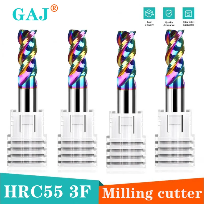 

HRC55 3-зубая DLC с цветным покрытием, плоская концевая фреза, карбид вольфрамовой стали для алюминиевых фрез, станки с ЧПУ, концевые фрезы, инструменты