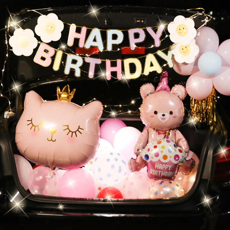 

Pink Bear Cat Baby Girl Car Trunk Birthday Suprise Gift Blue Aluminum Film Balloon Car Boot Happy Party Decors Sweet Accessories