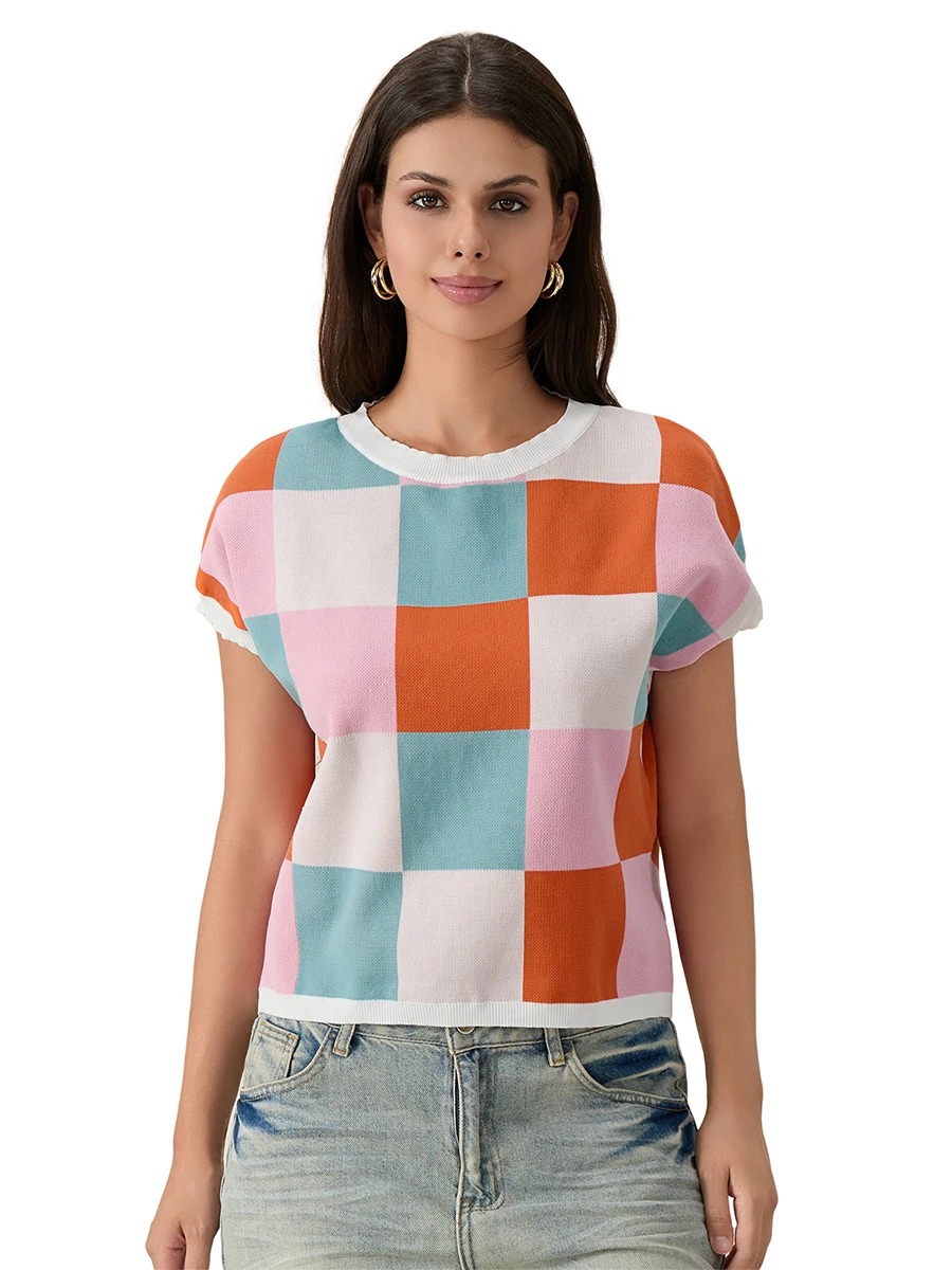 Женские трикотажные топы в рубчик с коротким рукавом и круглым вырезом