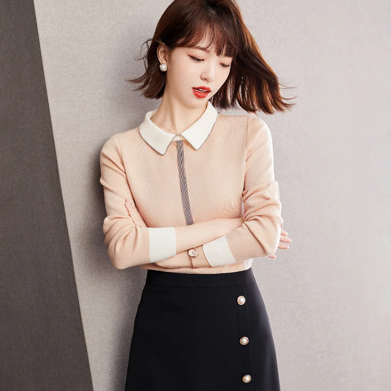 

High Quality New Elegant Knitwear Gentle Temperament Contrast Color Collar Female Shirts