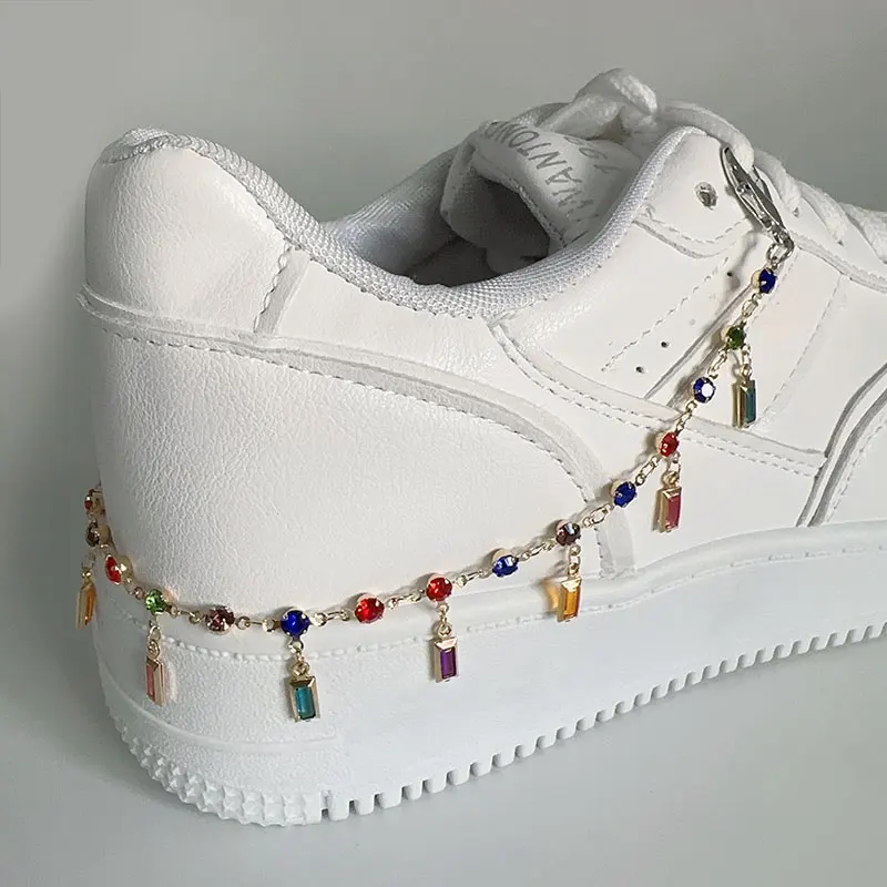 2PCS Luxury Multicolor Rhinestones Tassel Chains Shoe Buckles Decoration Gold Chains Sneaker Shoes Accessories Jewelry Cadenas