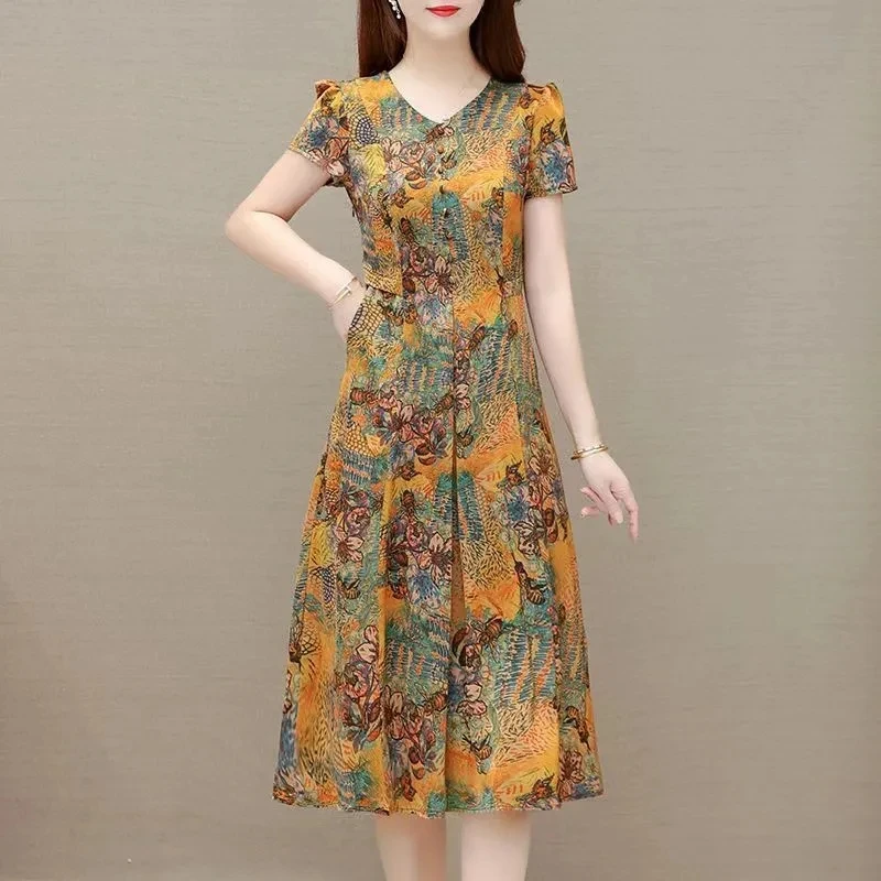 

Xiangyun Yarn Skirt 2022 New Summer Women Retro Cheongsam Fashion Floral Middle-aged And Elderly Mother Dress