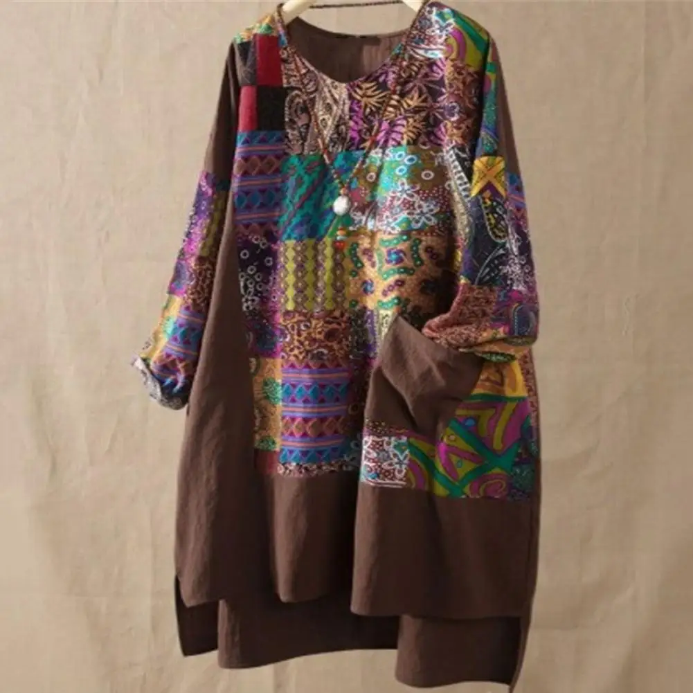 

Блузка женская с длинным рукавом, модная рубашка из хлопка и льна с цветочным принтом и круглым вырезом, топ с принтом