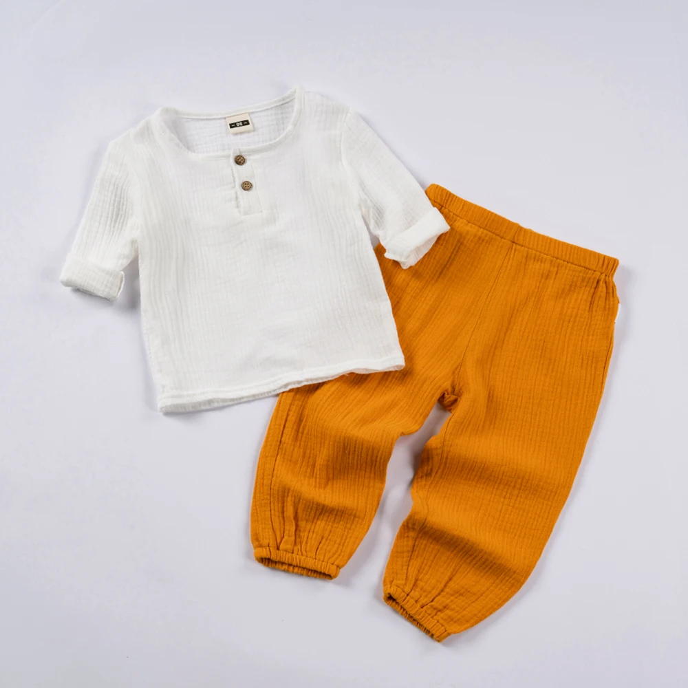 

Autumn 2pcs Children Clothes Sets Muslin Long Sleeve Clothing Toddler Boy Linen Cotton Set Solid T-shirt + Loose Pants Outfits