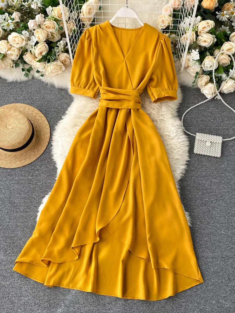 

Hikigawa Chic Fashion Woman Dress Solid With Belted Ruffled V Neck Short Sleeve Dresses Women Irregular Elegant Vestidos Mujer